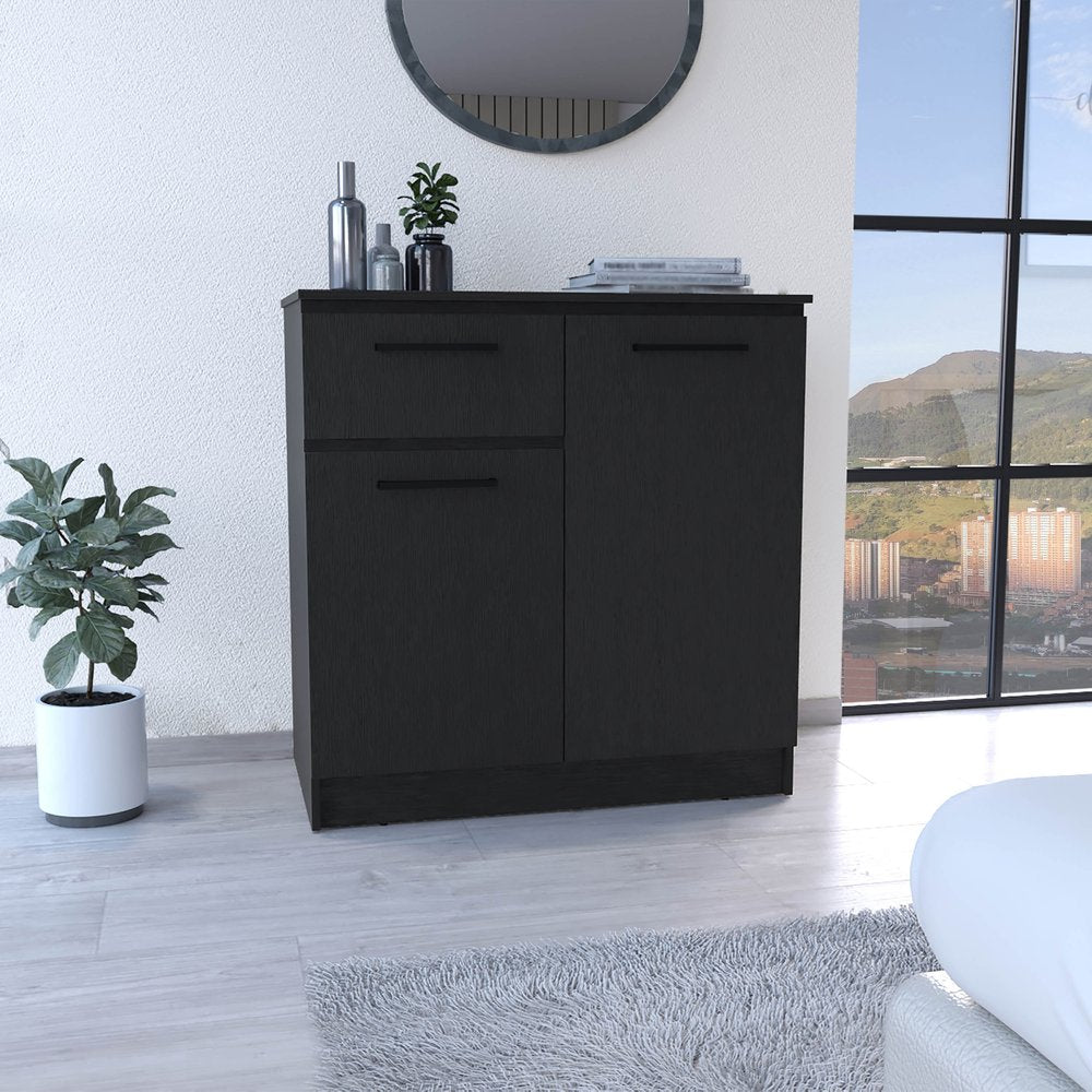 37" Black Wood Two Door Single Drawer Combo Dresser