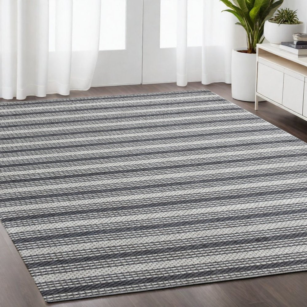 5' X 8' Gray and Ivory Striped Hand Woven Non Skid Area Rug