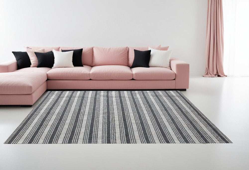 5' X 8' Gray and Ivory Striped Hand Woven Non Skid Area Rug