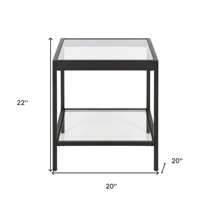 22" Black And Clear Glass And Steel Square End Table With Shelf
