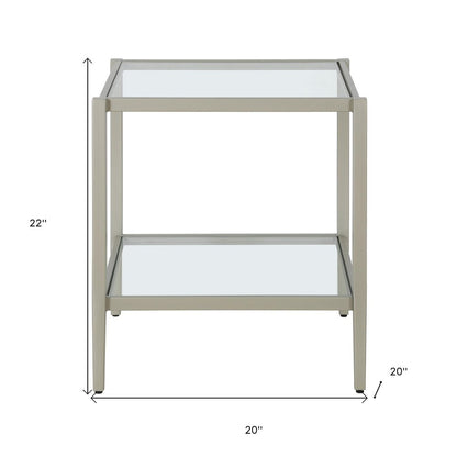 22" Nickel And Clear Glass And Steel Square End Table With Shelf