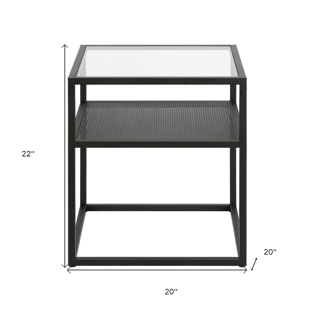 22" Black And Clear Glass And Steel Square End Table With Shelf