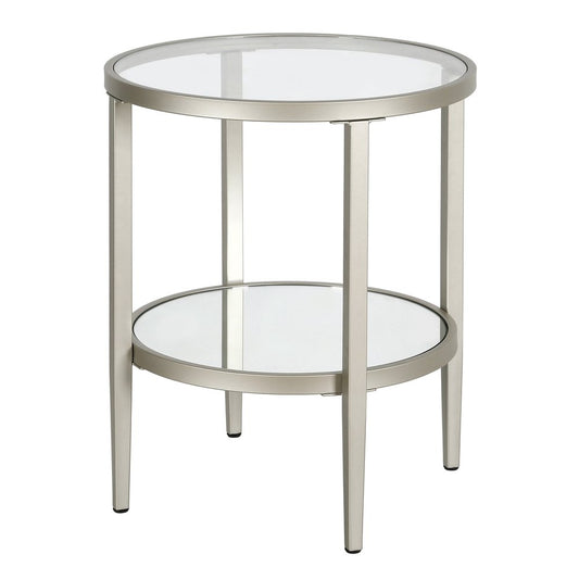 24" Nickel And Clear Glass And Steel Round Mirrored End Table With Shelf