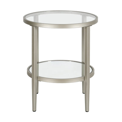 24" Nickel And Clear Glass And Steel Round Mirrored End Table With Shelf