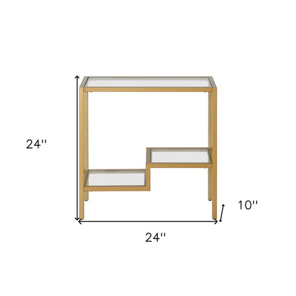 24" Brass And Clear Glass And Steel End Table With Two Shelves