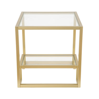 22" Brass And Clear Glass And Steel Square End Table With Shelf
