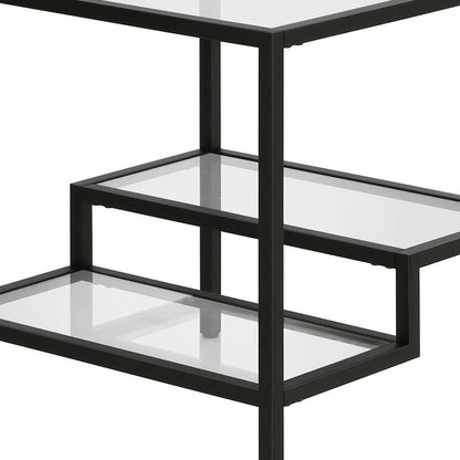 22" Black And Clear Glass And Steel Square End Table With Two Shelves