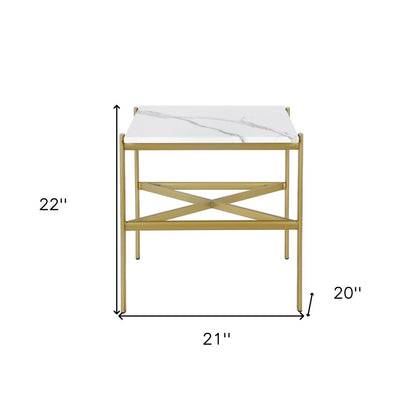 22" Gold And White Faux Marble And Steel End Table