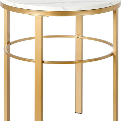 24" Brass And White Faux Marble And Steel Round End Table
