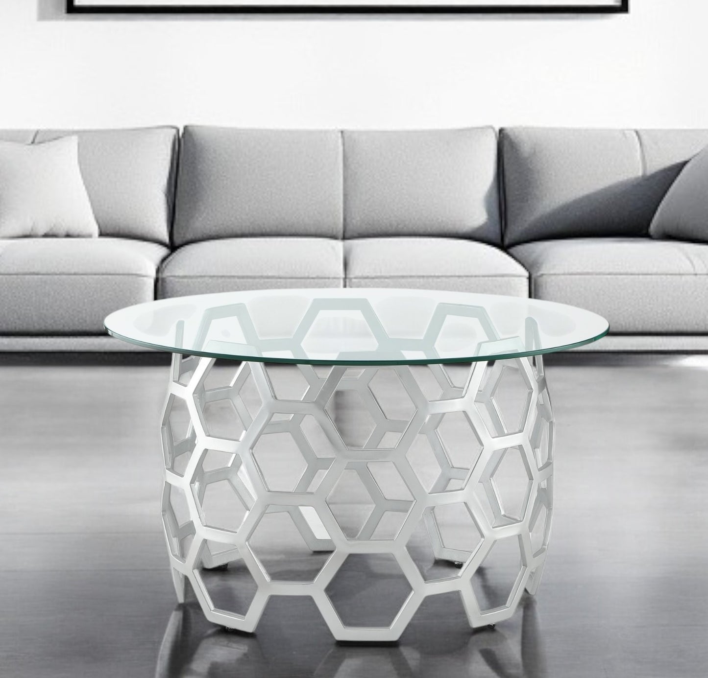 32" Clear And Silver Glass And Iron Round Coffee Table