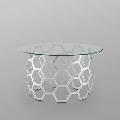 32" Clear And Silver Glass And Iron Round Coffee Table