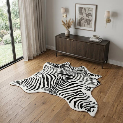 4' X 5' Black and White Faux Fur Printed Area Rug