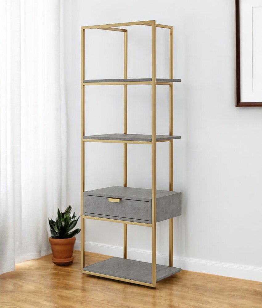 68" Gray Stainless Steel Four Tier Etagere Bookcase with a drawer