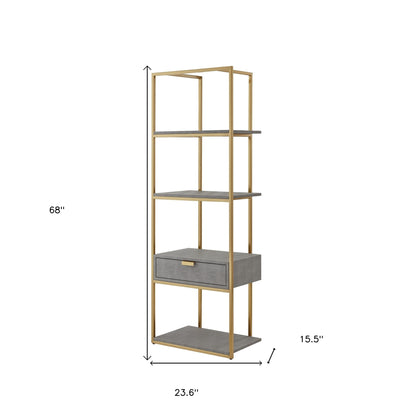 68" Gray Stainless Steel Four Tier Etagere Bookcase with a drawer