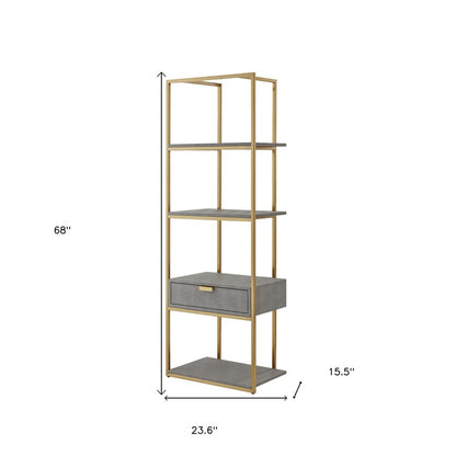 68" Gray Stainless Steel Four Tier Etagere Bookcase with a drawer