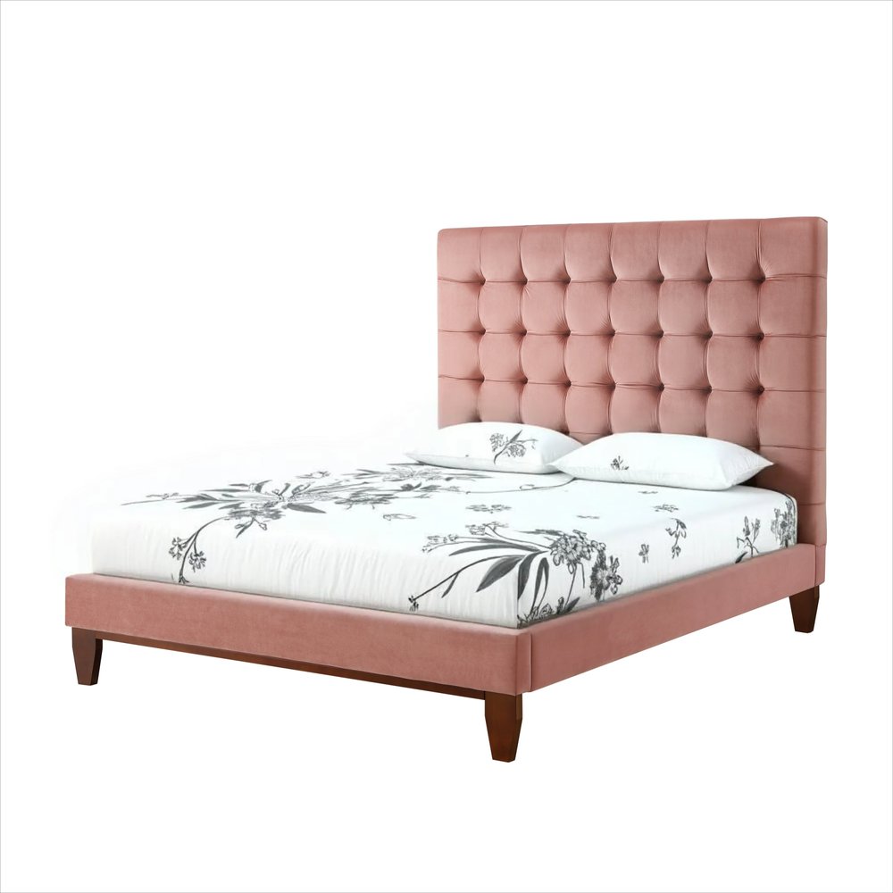 Blush Solid Wood Full Tufted Upholstered Velvet Bed