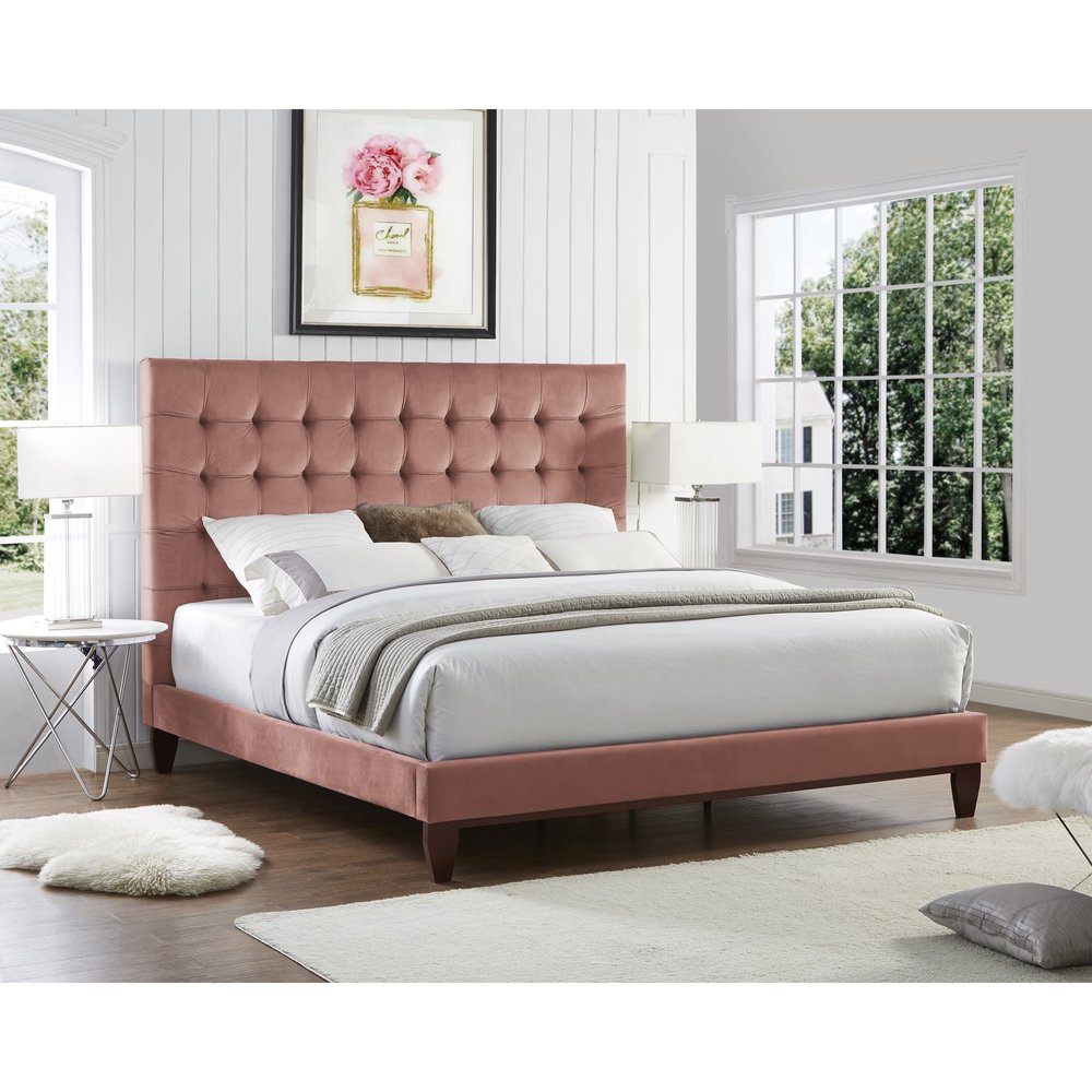 Blush Solid Wood Full Tufted Upholstered Velvet Bed