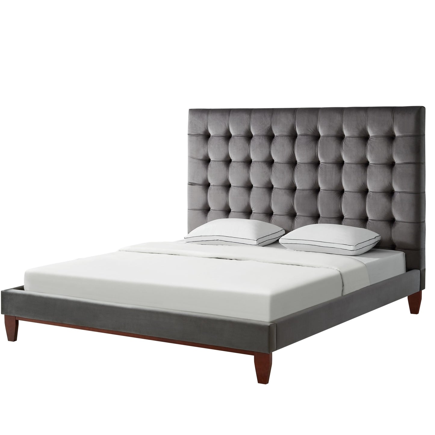 Beige Solid Wood King Tufted Upholstered Linen Bed