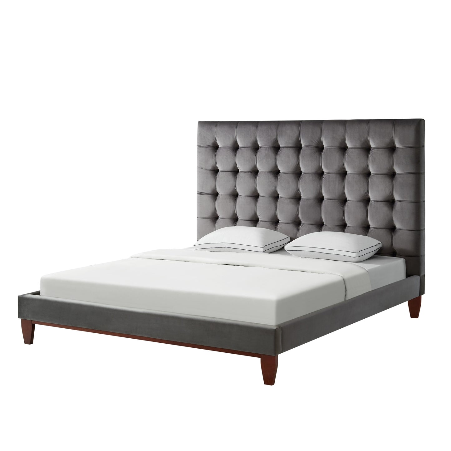 Beige Solid Wood King Tufted Upholstered Linen Bed