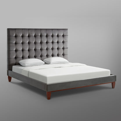 Beige Solid Wood King Tufted Upholstered Linen Bed