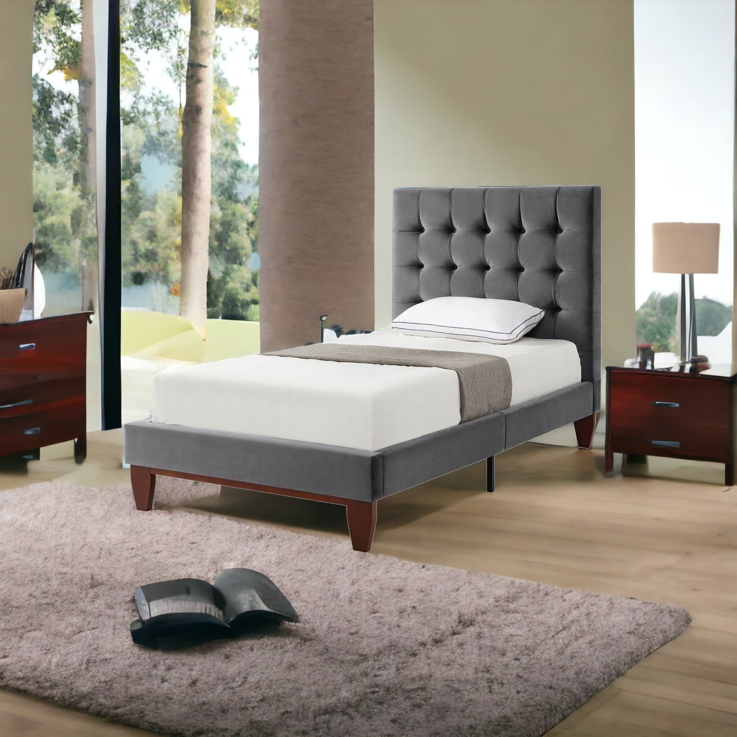 Beige Solid Wood King Tufted Upholstered Linen Bed