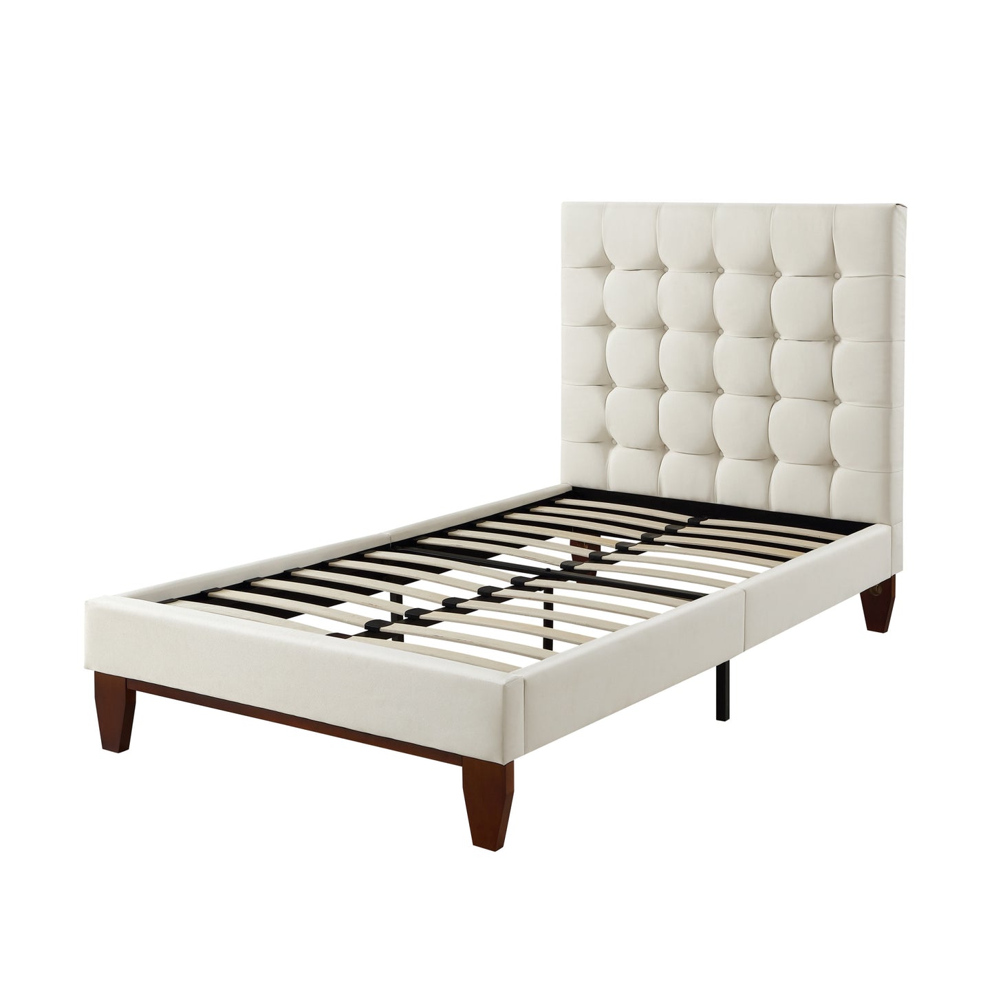 Beige Solid Wood King Tufted Upholstered Linen Bed