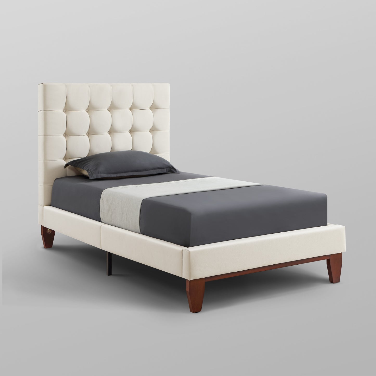 Beige Solid Wood King Tufted Upholstered Linen Bed