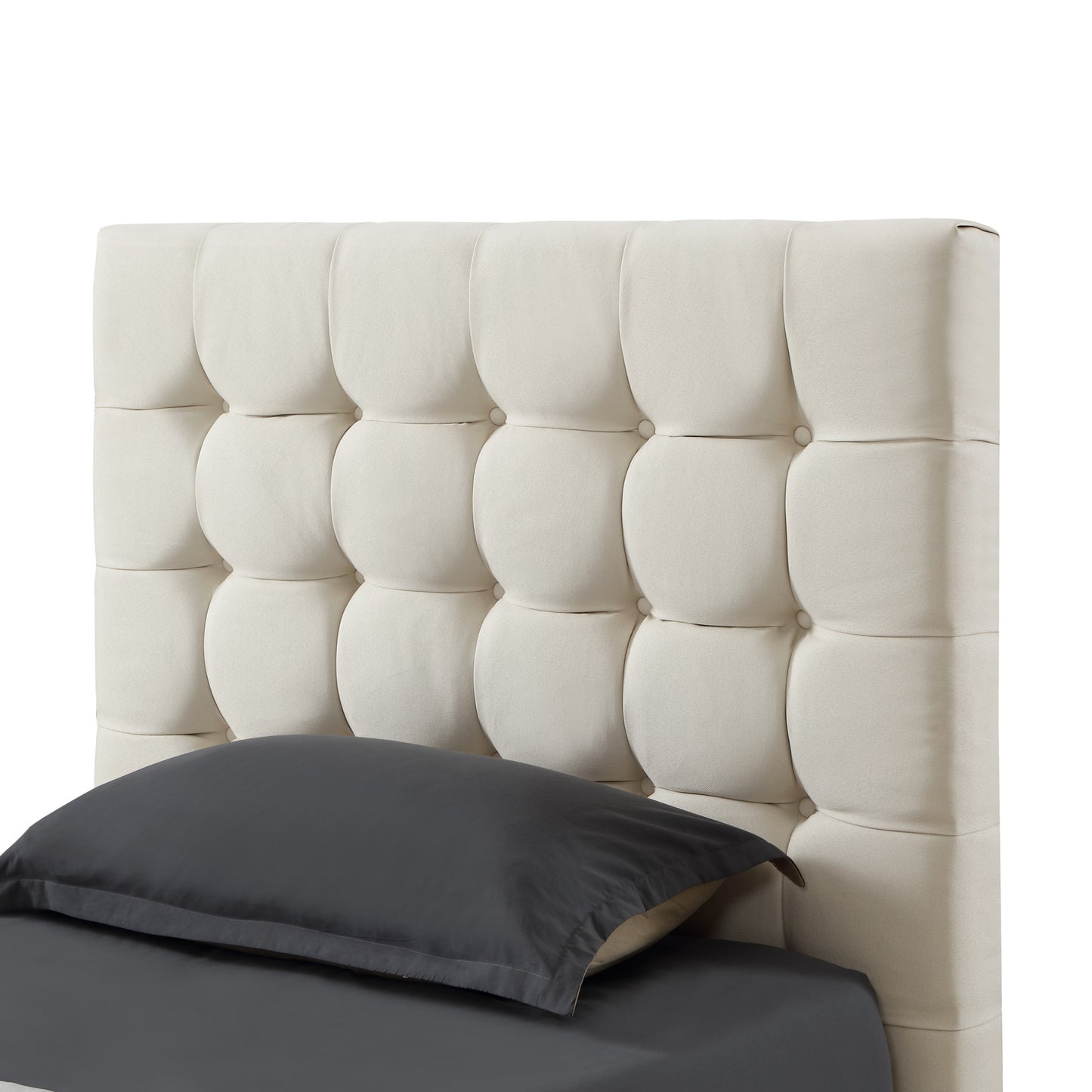 Beige Solid Wood King Tufted Upholstered Linen Bed