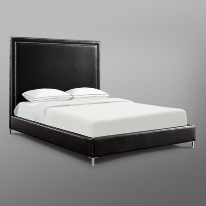 White Solid Wood Full Upholstered Faux Leather Bed with Nailhead Trim