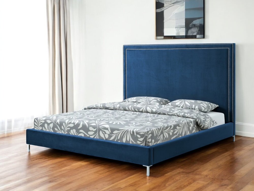 White Solid Wood Full Upholstered Faux Leather Bed with Nailhead Trim