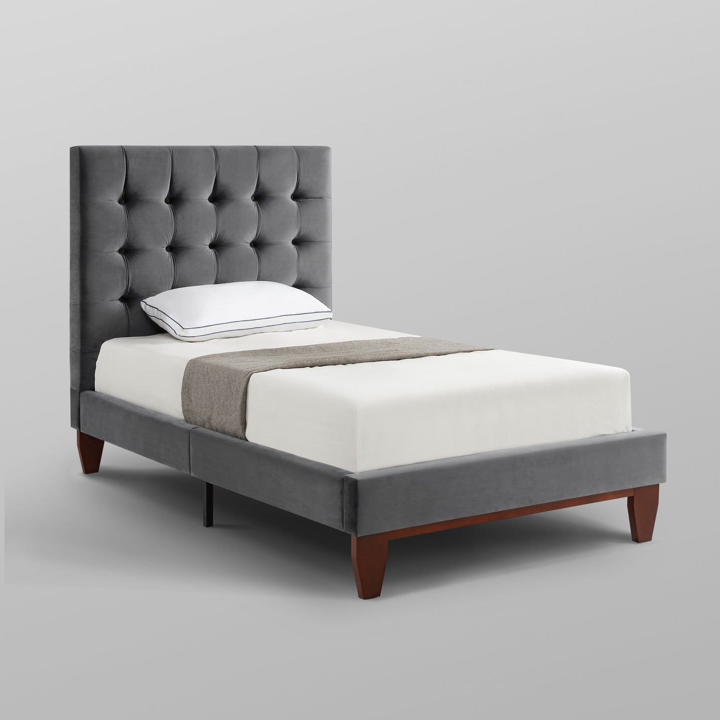 Beige Solid Wood King Tufted Upholstered Linen Bed