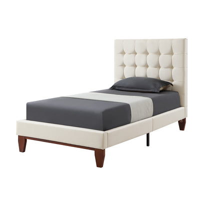 Beige Solid Wood King Tufted Upholstered Linen Bed