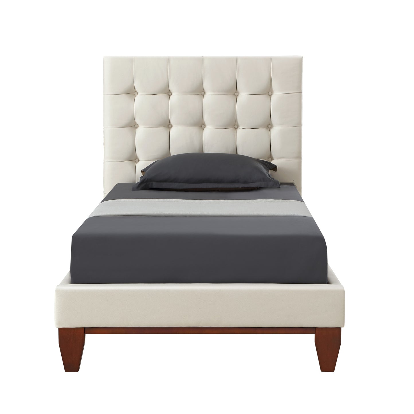 Beige Solid Wood King Tufted Upholstered Linen Bed