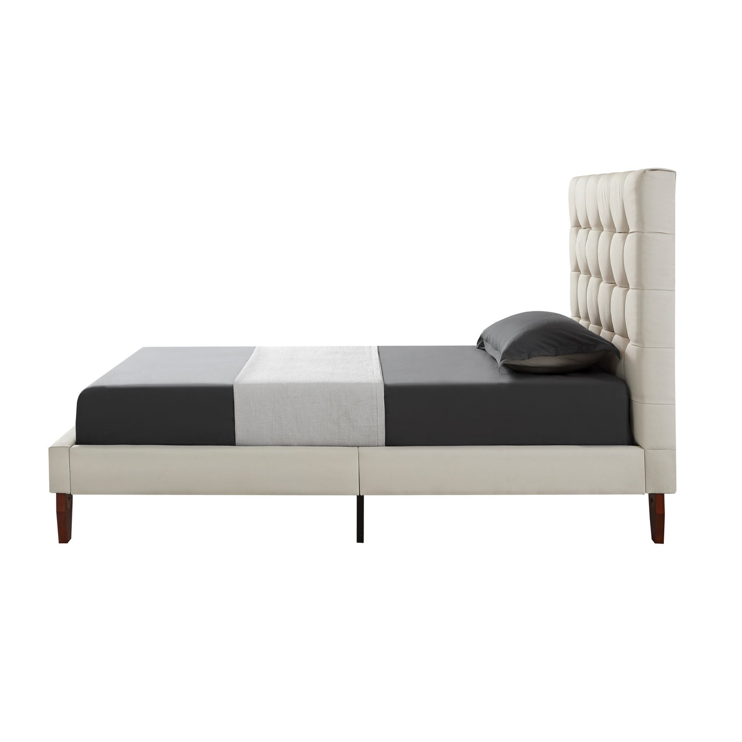 Beige Solid Wood King Tufted Upholstered Linen Bed