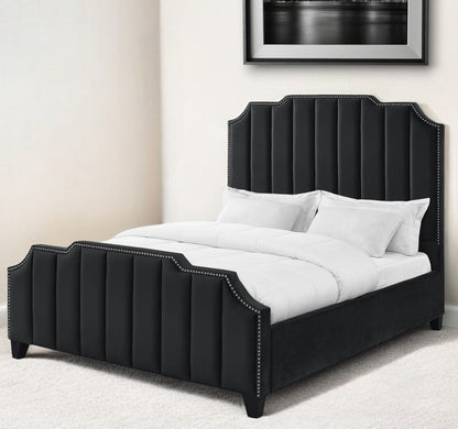 Sky Blue Solid Wood Queen Tufted Upholstered Velvet Bed with Nailhead Trim