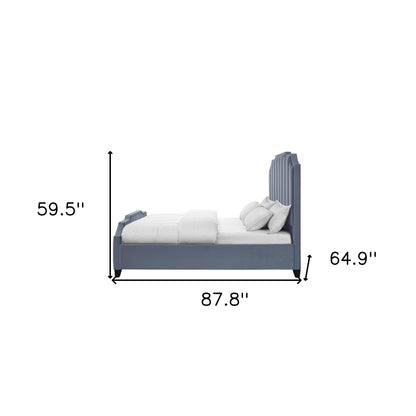 Sky Blue Solid Wood Queen Tufted Upholstered Velvet Bed with Nailhead Trim