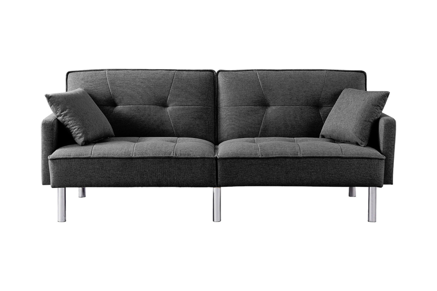 85" Dark Gray Polyester Blend Convertible Futon Sleeper Sofa And Toss Pillows With Silver Legs