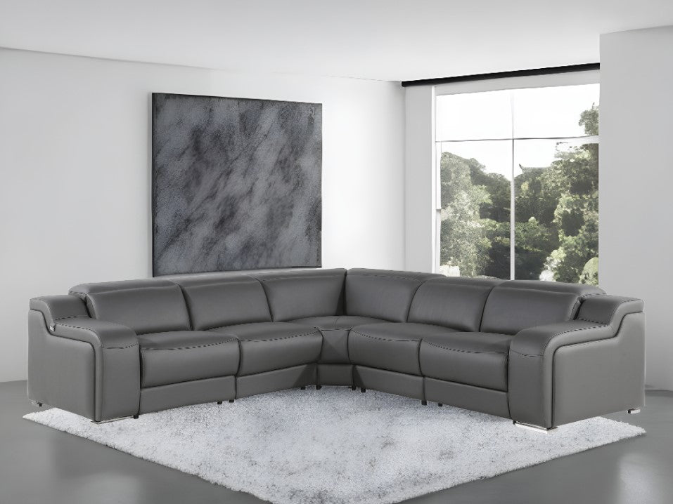 Dark Gray Italian Leather Power Reclining L Shaped Five Piece Corner Sectional