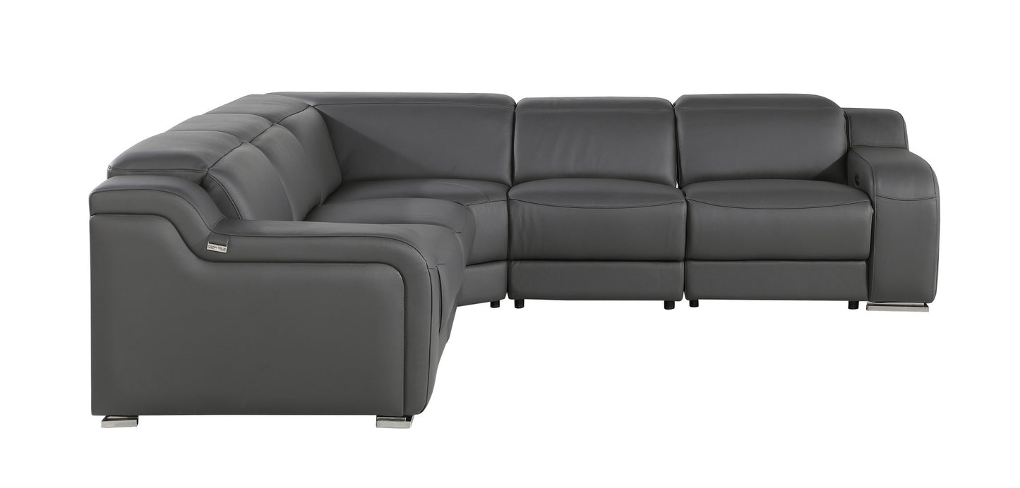 Dark Gray Italian Leather Power Reclining L Shaped Five Piece Corner Sectional