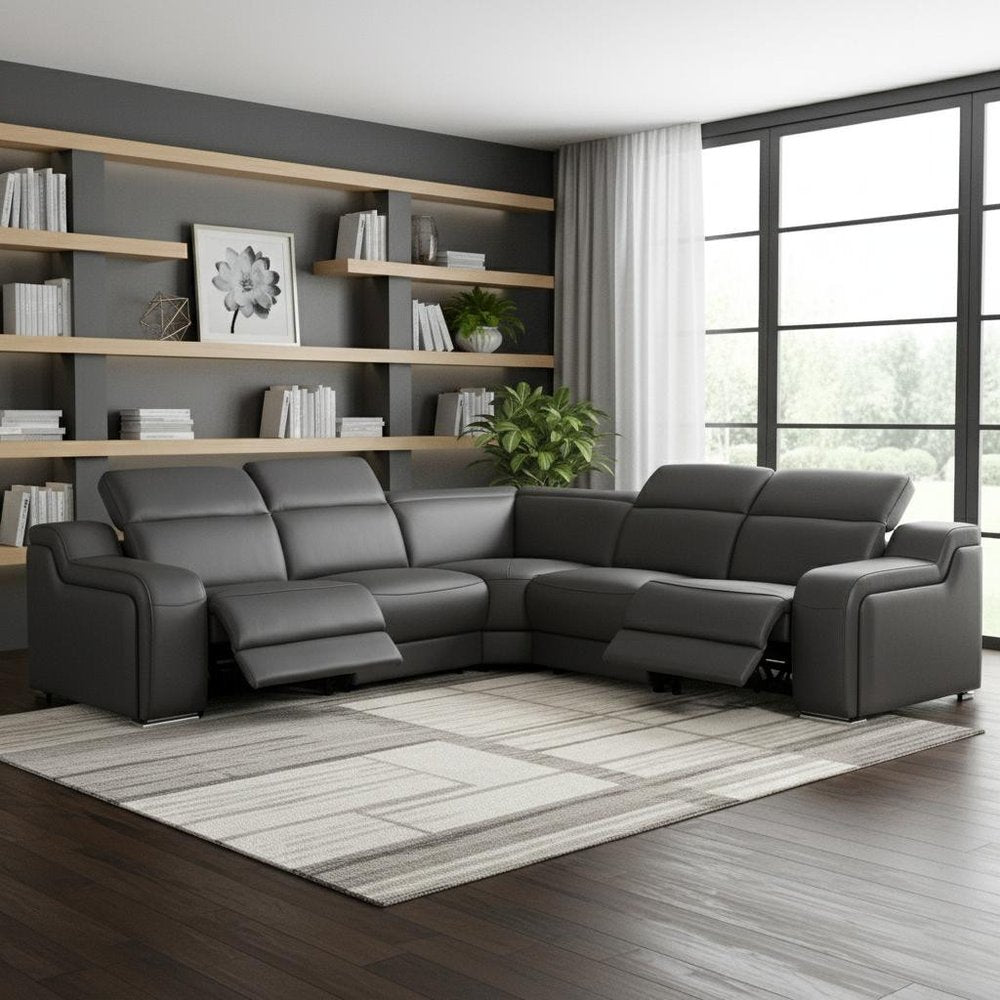 Dark Gray Italian Leather Power Reclining L Shaped Five Piece Corner Sectional
