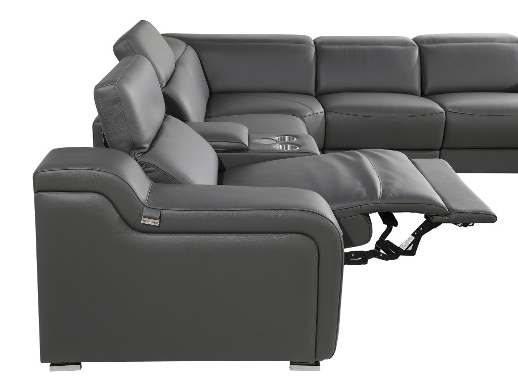 Dark Gray Italian Leather Power Reclining L Shaped Five Piece Corner Sectional