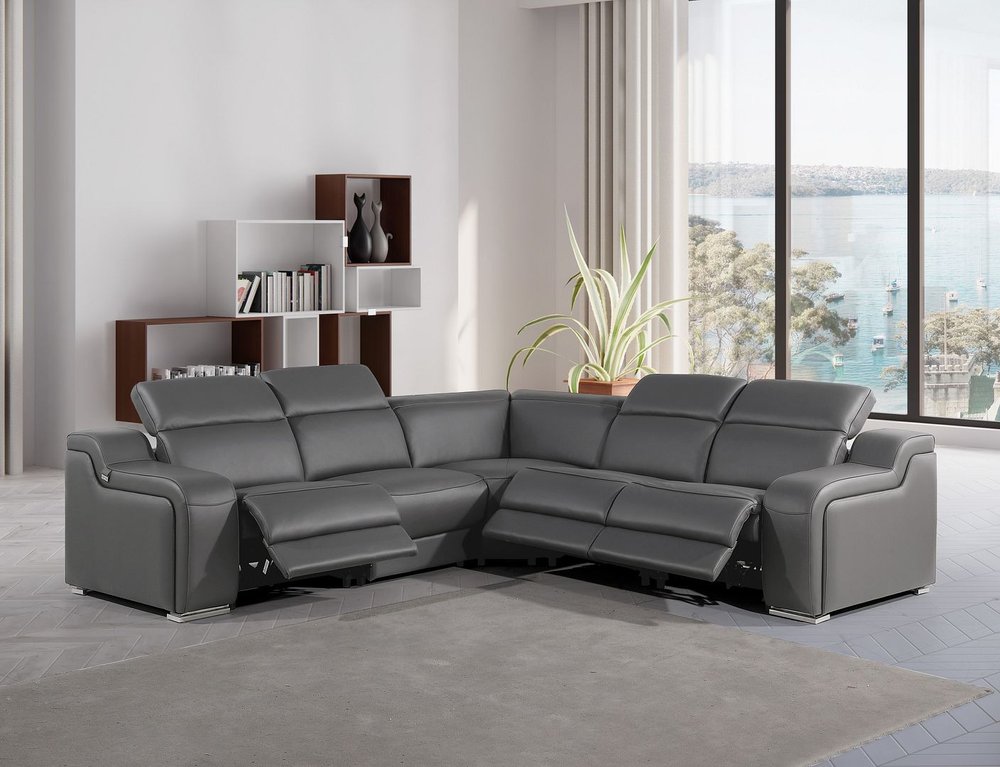 Dark Gray Italian Leather Power Reclining L Shaped Five Piece Corner Sectional