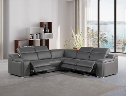 Dark Gray Italian Leather Power Reclining L Shaped Five Piece Corner Sectional