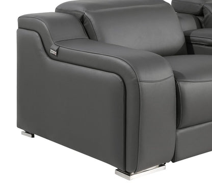 Dark Gray Italian Leather Power Reclining L Shaped Six Piece Corner Sectional With Console