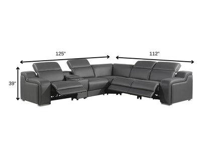 Dark Gray Italian Leather Power Reclining L Shaped Six Piece Corner Sectional With Console