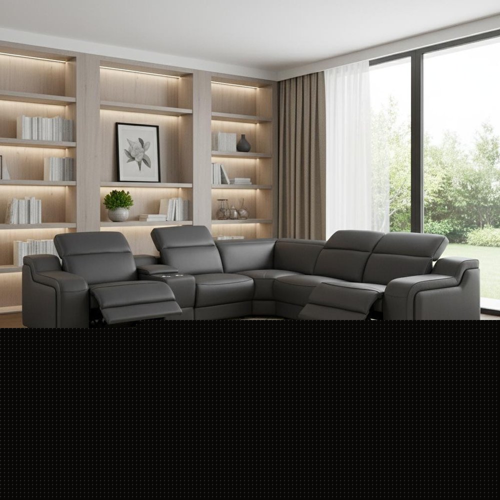 Dark Gray Italian Leather Power Reclining L Shaped Six Piece Corner Sectional With Console