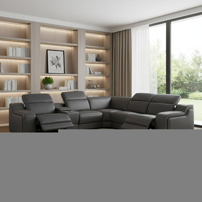 Dark Gray Italian Leather Power Reclining L Shaped Six Piece Corner Sectional With Console