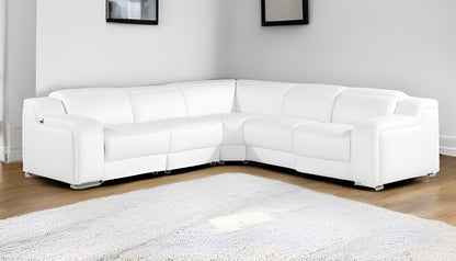 White Italian Leather Power Reclining L Shaped Five Piece Corner Sectional