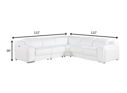 White Italian Leather Power Reclining L Shaped Five Piece Corner Sectional