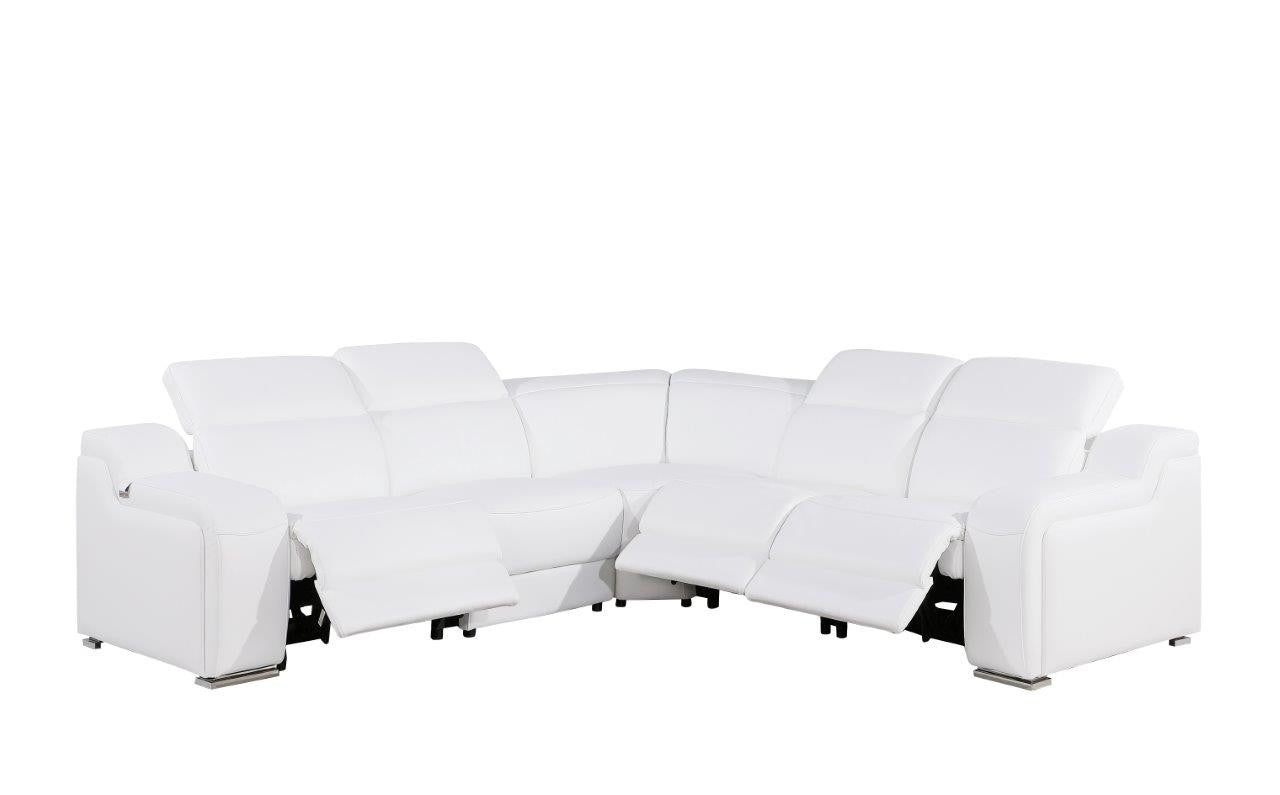 White Italian Leather Power Reclining L Shaped Five Piece Corner Sectional